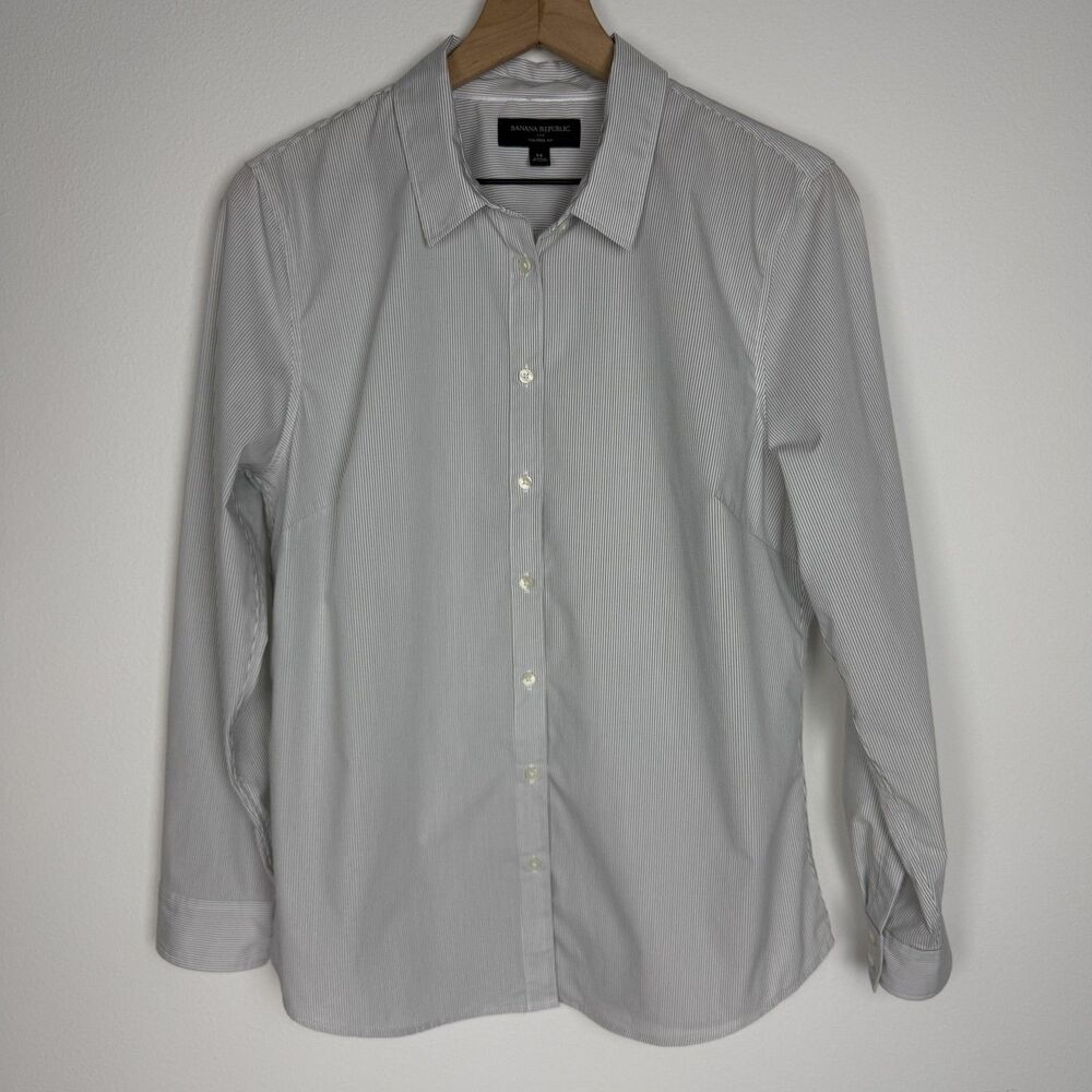 Banana Republic Shirt Womens 14 White Striped Tailored Fit Button Up Long Sleeve